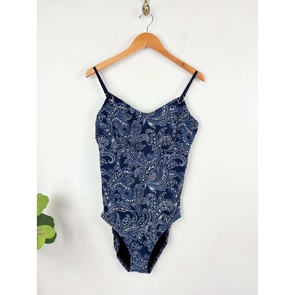 Lands' End Navy Paisley One-Piece Swimsuit